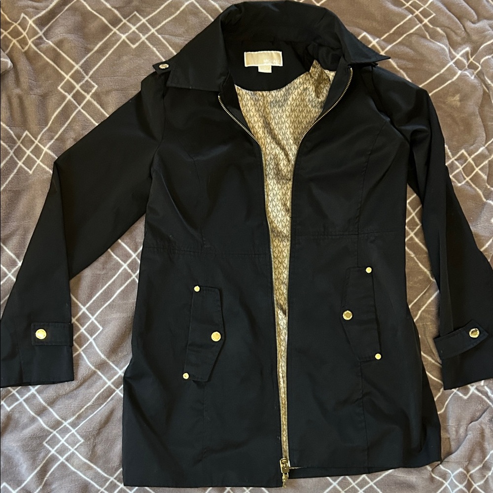 Michael Kors Black Trench Coat with Gold Details